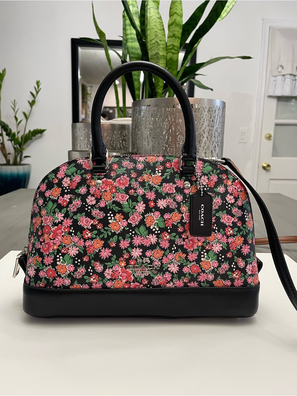 Coach Black Floral Dome Satchel with Pink and Green Blossoms